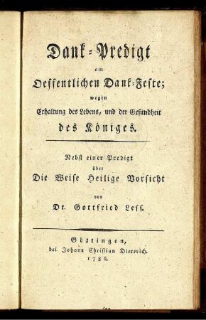 Dank-Predigt am Oeffentlichen Dank-Feste wegen Erhaltung des Lebens, und der Gesundheit des Königes