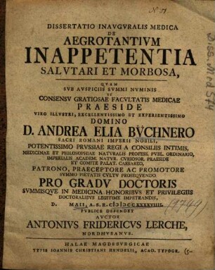 Dissertatio Inavgvralis Medica De Aegrotantivm Inappetentia Salvtari Et Morbosa