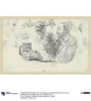 Brustbild eines eine Zigarre anzündenden Mannes, nach links; Detailstudien der Hände