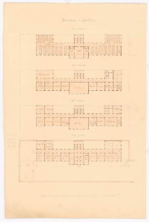 Lehrerseminar Fidicinstraße, Berlin-Kreuzberg: Vorskizzen Seminargebäude: Grundriss EG, 1. OG, 2. OG, 3. OG