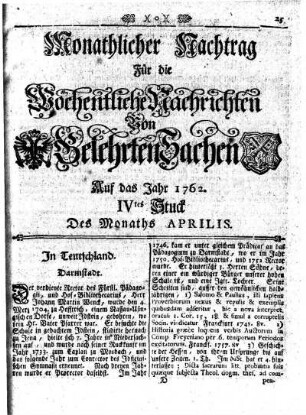 Monathlicher Nachtrag [...] Auf das Jahr 1762. IVtes Stuck Des Monaths Aprilis