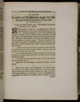 N. XXXVII. Consistorial-Ausschreiben wegen der Becken- und Kirchen-Vorrahts-Collecten vom 25. Novembr. 1712.