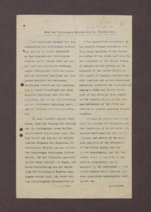 Note der Vereinigten Staaten vom 14. Oktober 1918, zwei Spalten mit englischer und deutscher Fassung