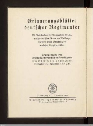 Das Königlich Preußische Feldartillerie-Regiment Nr. 241 : nach amtlichen Quellen und persönlichen Erinnerungen