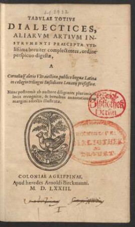TABVLAE TOTIVS || DIALECTICES,|| ALIARVM ARTIVM IN-||STRVMENTI PRAECEPTA VTI-||lissima breuiter complectentes, ordine || perspicuo digestae,|| A || Cornelio Valerio Vltraiectino, publico linguae Latinae || in collegio trilingui Buslidiano Louanij professore.|| Nunc postremò ab auctore ... || recognitae ... ||