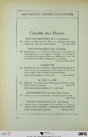 Mittwoch, vormittags 10 Uhr. Gemälde alter Meister (Nr. 208-375)