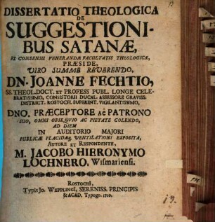Diss. theol. de suggestionibus Satanae