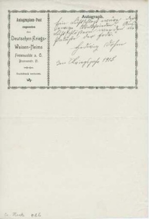 Autographen-Post von Hedwig Dohm zugunsten des Deutschen Kriegs-Waisen-Heims