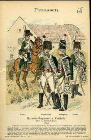Uniformdarstellung, Gemeiner, Unteroffizier, Trompeter und Offizier des Husaren-Regiments H 1, Königreich Preußen, 1792.