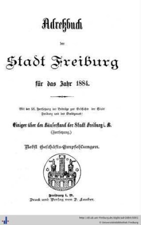 Adreßbuch der Stadt Freiburg : für das Jahr 1884