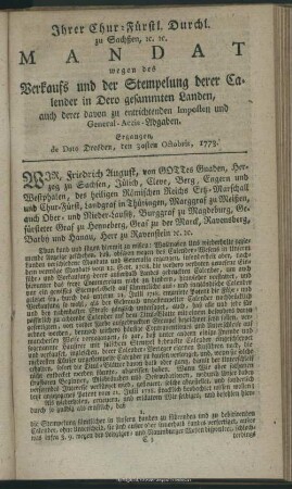 Ihrer Churf. Durchl. Zu Sachsen. Mandat wegen des Verkaufs und der Stempelung derer Calender in Dero gesammten Lande