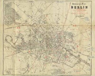 Neuester Plan von Berlin mit der Eintheilung in die neun Post-Bezirke u.d. Bestellbezirke der Postämter etc. : nebst Angabe der Postämter, Postexpeditionen, Briefkasten, Telegraphen-Stat. u. Polizei-Bur.