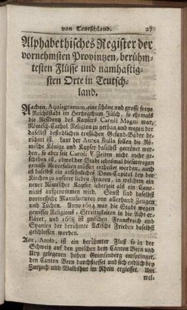 Alphabethisches Register der vornehmsten Provintzen, berühmtesten Flüsse und namhaftigsten Orte in Teutschland.