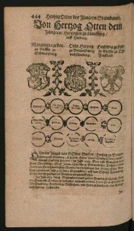 Wappen. Margareta geborne Gräfin zu Schwartzburg. und Otto Hertzog zu Braunschweig und Lüneburg. und Heidwig geborne Gräfin zu Ost-Frießland.
