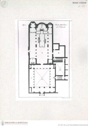 Grundriss von San Clemente (Taf. IV Fig. 1 aus G. Fontana, "Raccolta delle migliori chiese di Roma e suburbane espresse in tavole disegnate ed incise da G. Fontana", vol.III, Rom 1838)