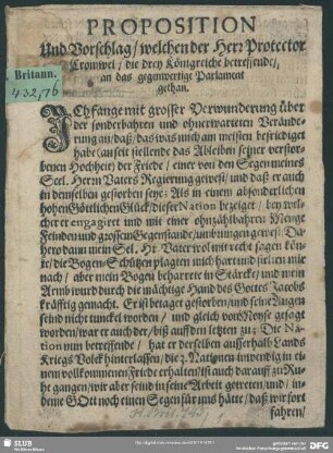 Proposition und Vorschlag, welchen der Herr Protector Cromwel, die drey Königreiche betreffende, an das gegenwertige Parlament gethan