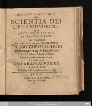 Disputatio Academica De Scientia Dei Libera Seu Visionis