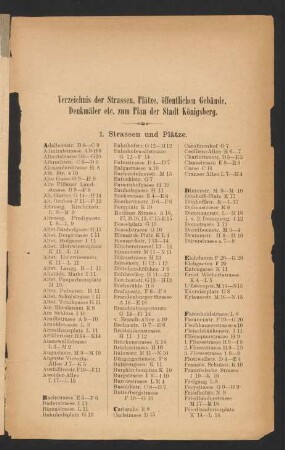 Verzeichnis der Strassen, Plätze, öffentlichen Gebäude, Denkmäler etc. zum Plan der Stadt Königsberg.