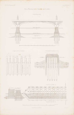 Neue Westminster-Brücke, London: Grundriss, Längsschnitt, Details (aus: Atlas zur Zeitschrift für Bauwesen, hrsg. v. G. Erbkam, Jg. 7, 1857)