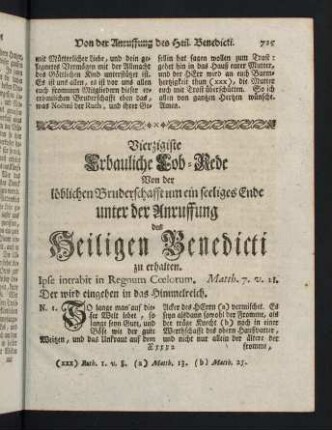 715-747, Vierzigste Erbauliche Lob-Rede von der loeblichen Bruderschafft um ein seeliges Ende unter der Anruffung des Heiligen Benedicti - Ein und vierzigste Erbauliche Lob-Rede von der Jaehrlichen Kirchweihe