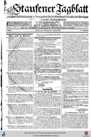53. Jg: Staufener Wochenblatt (1921 bis 1934 als Staufener Tagblatt)