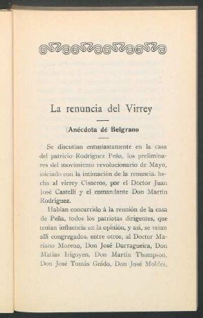 La renuncia del Virrey : (Anécdota dé Belgrano
