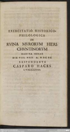 Exercitatio Historico-Philologica De Ruina Murorum Hierichuntinorum
