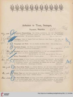 Arbeiten in Thon, Steingut, Fayence, Majolika (Nr. 278-297)
