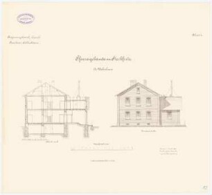 Pfarreigebäude, Sterbfritz: Wohnhaus: Längsschnitt, Vorderansicht 1:100