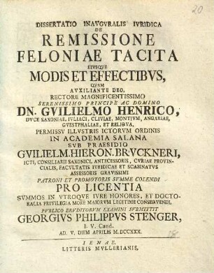 Dissertatio Inavgvralis Ivridica De Remissione Feloniae Tacita Eivsqve Modis Et Effectibvs