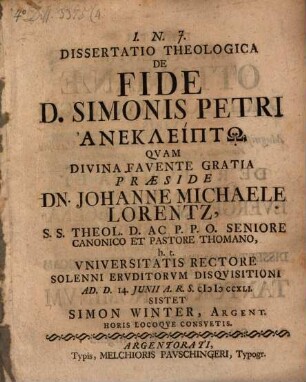 Diss. theol. de fide D. Simonis Petri anekleiptō