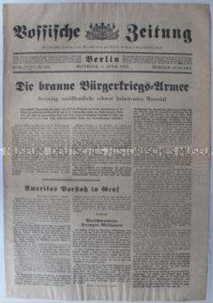 Tageszeitung "Vossische Zeitung" mit dem Vorwurf des Hochverrats von SA und SS