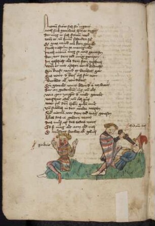 Edelmann sticht mit einem Dolch dem neidischem Mann ins Auge, geiziger Mann mit blutenden Augen; (Von dem neidischen und dem geizigen Mann, Kapitel LXXXVIII nach Pfeiffer)