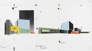 Bauwettbewerb Amerika-Gedenkbibliothek/Berliner Zentralbibliothek, AGB (nicht realisiert), 1. Preisgruppe – Perspektivansicht Ostseite, Perspektivansicht Nordostseite. Berlin-Kreuzberg, Blücherplatz 1