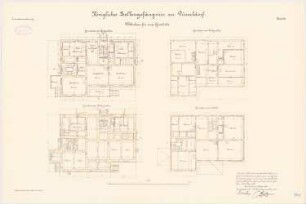Zellengefängnis, Düsseldorf Wohnhaus für zwei Geistliche: Grundriss KG, EG, 1. OG, DG, 1:100