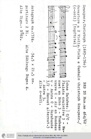 Ouverture a 2 Violin. Viola e Cembalo Christoph Graupner.