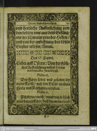 Das XV. Capitel. Gebet auff Ostern: Von der fröhlichen Aufferstehung unsers HErrn und Heylandes Jesu Christi