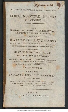 Dissertatio Inauguralis Medico-Pathologica De Febris Nervosae Natura Et Origine