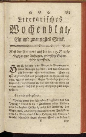 Literarisches Wochenblat, Ein und zwanzigstes Stück.