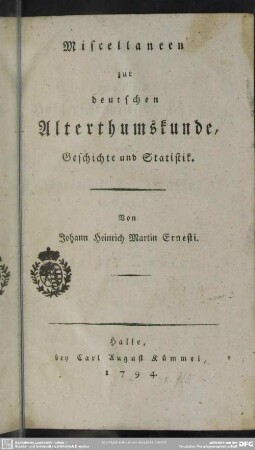 Miscellaneen zur deutschen Alterthumskunde : Geschichte und Statistik