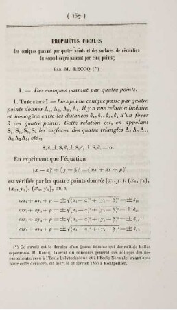Propriétés focales des coniques passant par quatre points et des surfaces de révolution du second dergé passant par cinq points.