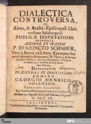 Dialectica Controversa, In Alma, & Archi-Episcopali Universitate Salisburgensi