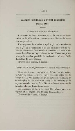 Concours d'admission a l'école forestière (Année 1868).