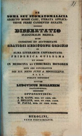 De noma seu stomatomalacia, adiecto morbi casu, iterata applicatione ferri candentis sanato : Diss. inaug. med.