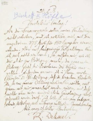 Brief an den Verlag Bischoff & Höfle