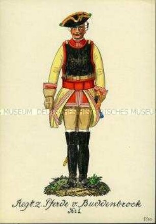 Uniformdarstellung, Gemeiner des Kürassier-Regiments (von Buddenbrock) K 1, Preußen, 1740.