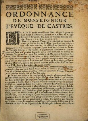 Ordonnance de Monseigneur l'Evêque de Castres