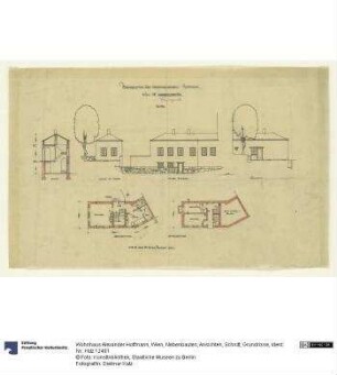 Wohnhaus Alexander Hoffmann, Wien, Nebenbauten, Ansichten, Schnitt, Grundrisse