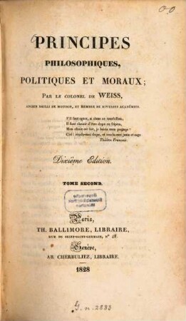 Principes philosophiques, politiques et moraux, 2. (1828). - 396 S.