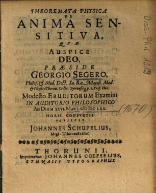 Theoremata Physica De Anima Sensitiva